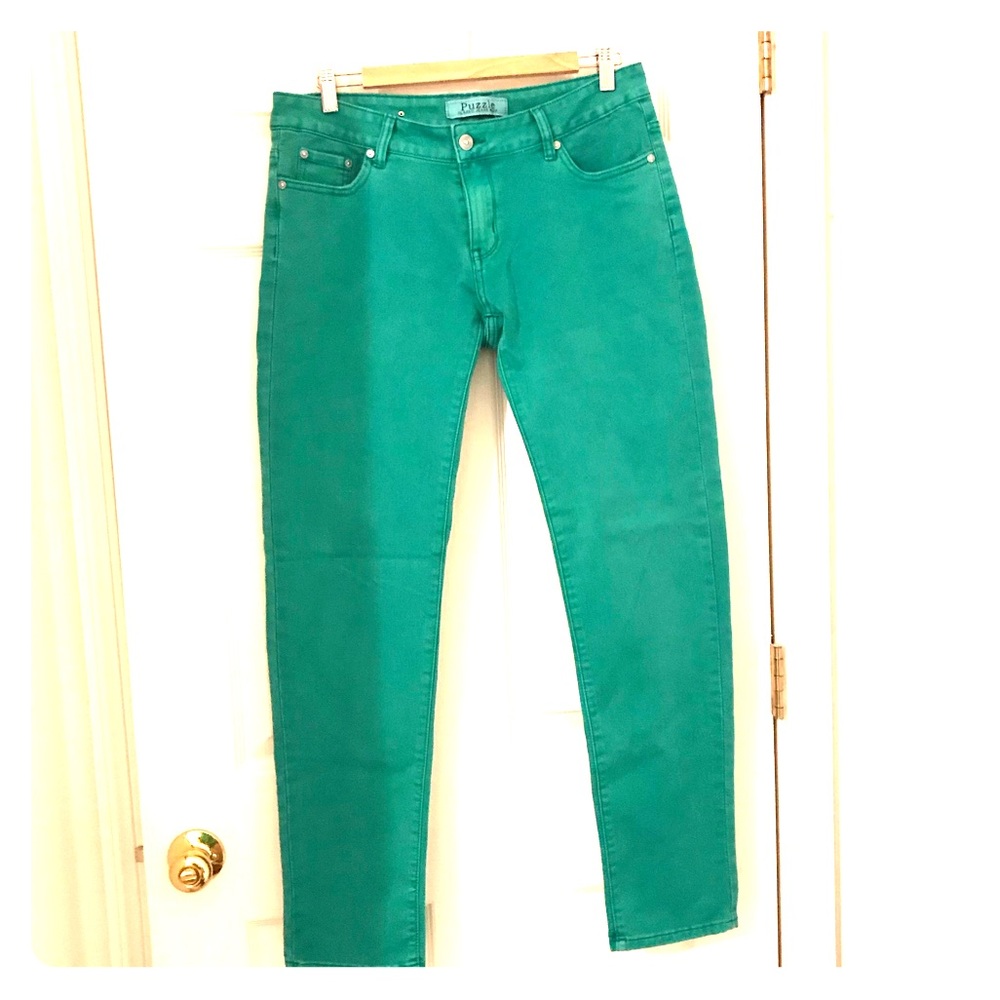 Kelly green Puzzle jeans.